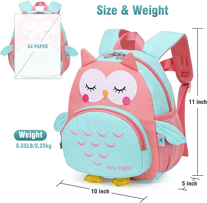 SUN EIGHT Preschool Backpack Toddler for Girls Animal Waterproof Kids Backpack 3D Cartoon School Bag for Baby Girl Boy 1-5 Years（Cute Owl）