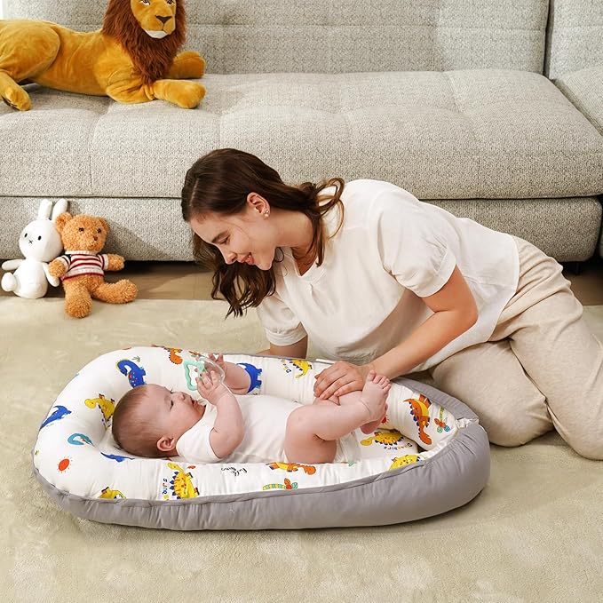 HKAI Baby Lounger – Soft Cotton Infant Floor Seat for Newborn to 24 Months, Portable Baby Essentials for Boys & Girls, Travel-Friendly Baby Lounge Pillow