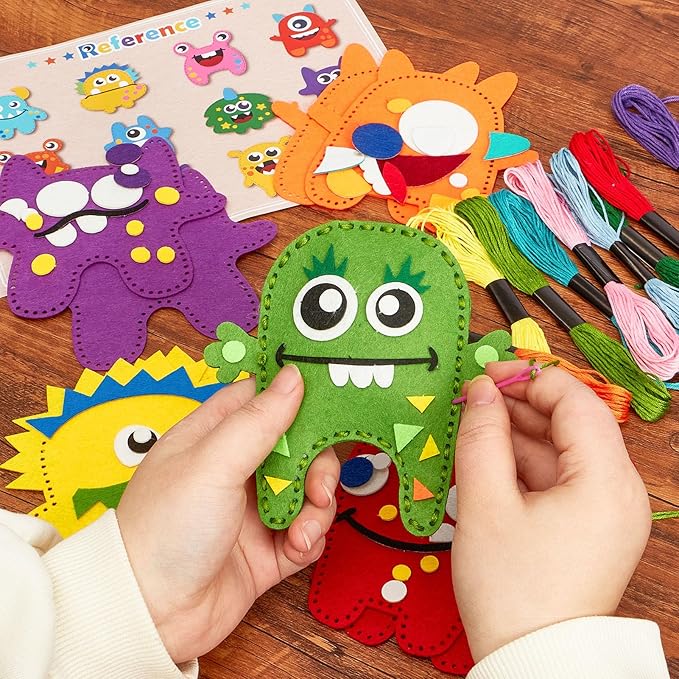 TUZT My First Sewing Kit for Kids - Monster Sewing Craft Kit for Beginners with 12 Pre-Cut Monster Plush Toys, Scissor, Plastic Needles & Thread, DIY Felt Crafts Project for Girls & Boys Ages 4-12