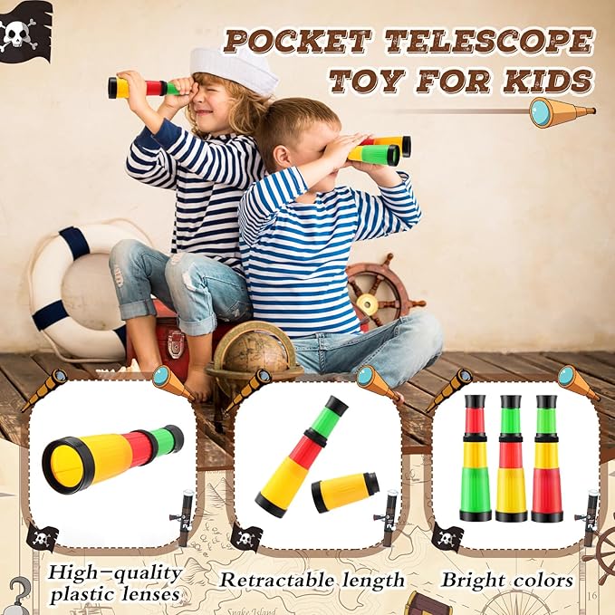 24 Pcs Plastic Pirate Telescope for Pirate Party Favors Portable Pocket Educational Science Spyglass Mini Monocular for Pirate Birthday Party Supplies Halloween Treasure Hunt