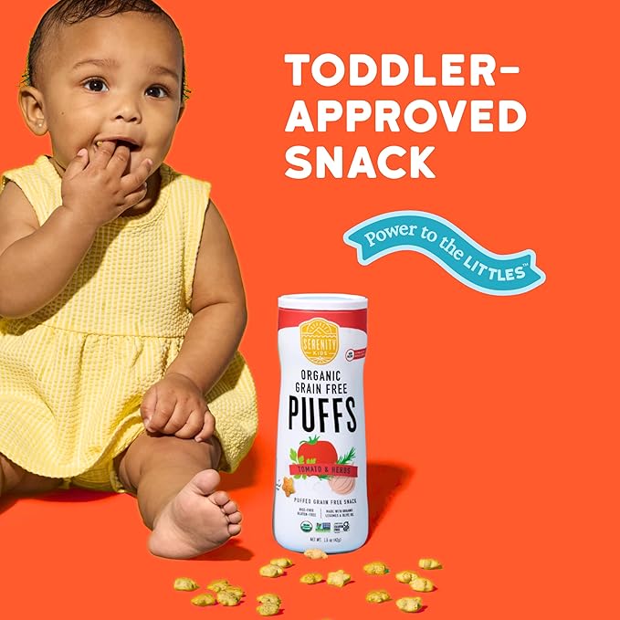 Serenity Kids 6+ Months Grain-Free Allergen-Safe Puffs for Toddlers & Babies - No Grains, Gluten, Nuts, Rice - Organic Veggies, Legumes, Olive Oil, Tomato & Herbs - 6 Count - Can Of Puffs