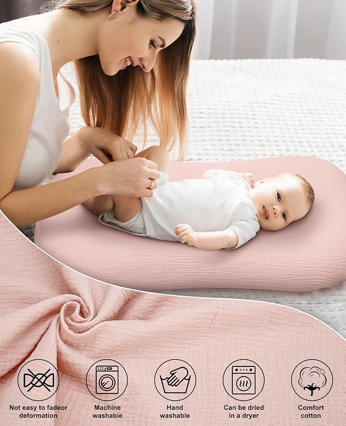 Muslin Baby Lounger Cover for Snuggle Me Organic Lounger/Baby Lounger/Organic Cotton Handmade Cover for Infant/Toddler Lounger/Nursing Pillow(Pink, Wheat)