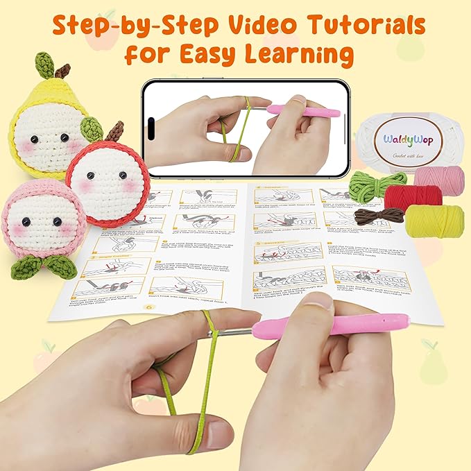 WaldyWop Crochet Kit for Beginners: 3PCS Fruit Squishies Knitting Kits, DIY Craft Kits for Adults w/Video Tutorials & Soft Yarn, Hook - Hobbies Starter Kit for Kids, Birthday Gifts Set for Girls Women