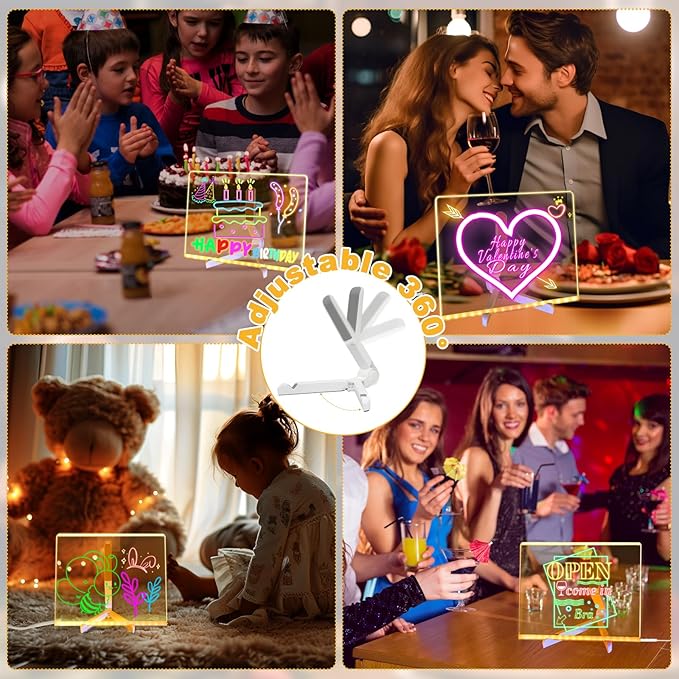 LED Acrylic Message Board, Light Up Acrylic Dry Erase Board 7.9x7.9” with Stand, LED Note Board with Colors for Kids, Glow Memo Message Writing Board with Light, Drawing Stencils Set Included