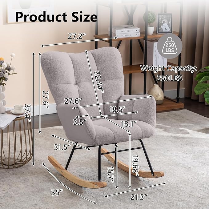 NIOIIKIT Nursery Rocking Chair Velvet Upholstered Glider Rocker Rocking Accent Chair Padded Seat with High Backrest Armchair Comfy Side Chair for Living Room Bedroom Offices (Light Gray)