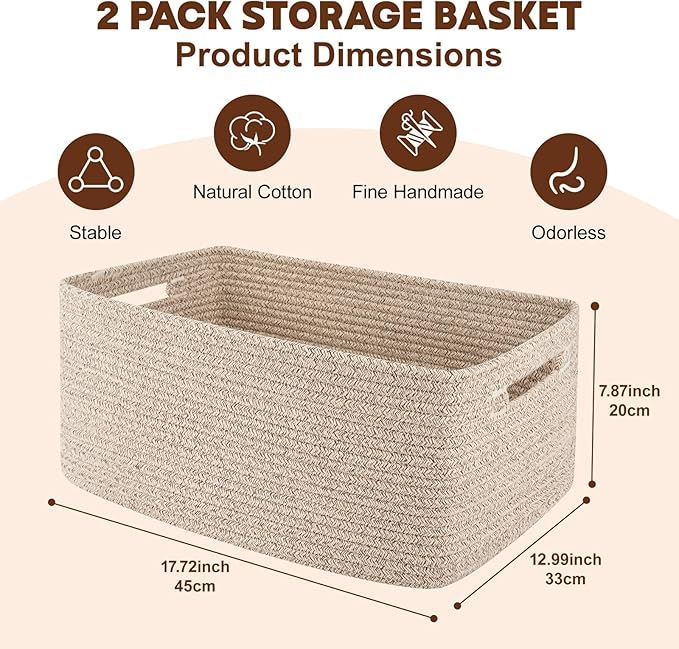 OIAHOMY Storage Basket for Shelves, Closet Cube Storage Bins Baskets for Clothes Blanket Towels, Baby Nursery, Toy Baskets Box, Woven Rope Basket, 17.72*12.99*7.87 IN, 2 Packs Brown