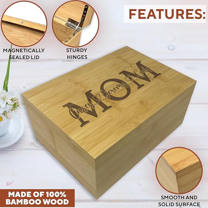 Mom Gifts from Daughters - Personalized Gift for Mom from Kids, Wooden Memory Box for Keepsakes, Unique Gifts from Son for Mothers Day, Christmas, Cute Birthday Gifts Ideas, Xmas Present, 11x8x4,75 in