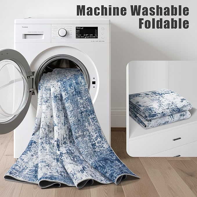 6x9 Area Rug Living Room Rug: Washable Modern Abstract Soft Thin Rug Indoor Floor No Slip Stain Resistant Carpet for Bedroom Dining Room Farmhouse Nursery Home Office - Blue