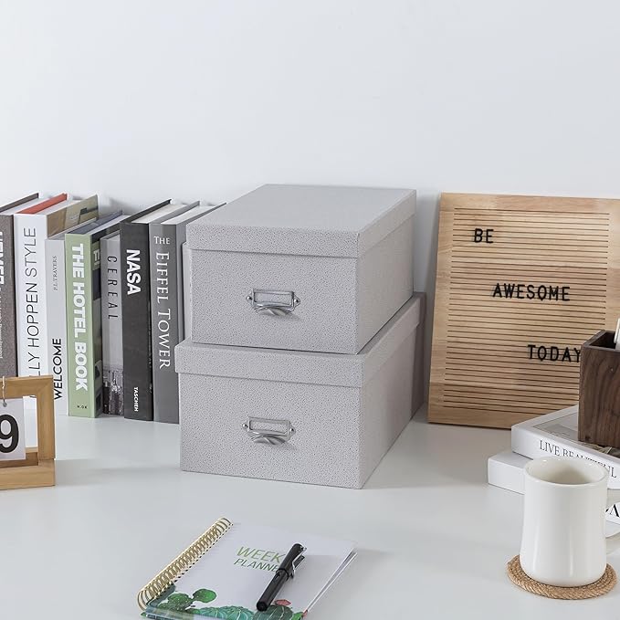 Soul & Lane Decorative Cardboard Storage Boxes with Lids, Set of 2 Stacking Keepsake Photo and Memory Boxes for Home & Office, Paperboard Organizers with Label Holders and Drawer Pulls, Cloud Gray