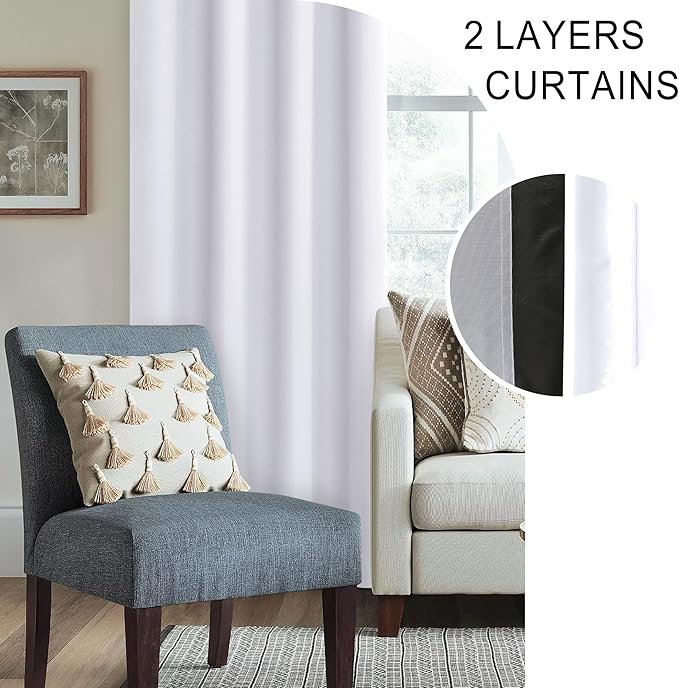 XWZO 100% Blackout Curtains 2 Panels with Tiebacks- Heat and Full Light Blocking Window Treatment with Black Liner for Bedroom/Nursery, Rod Pocket，White, W52 x L84 Inches Long, Set of 2