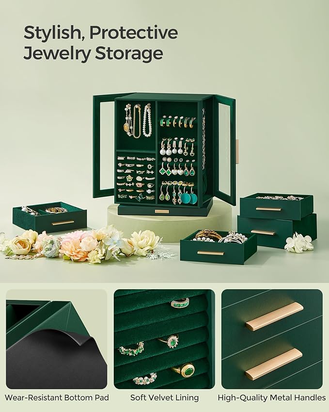 SONGMICS Jewelry Box 360° Rotating, Jewelry Storage Case with 5 Drawers, Jewelry Organizer, Glass Window, Spacious, Vertical Jewelry Storage, Open Design, Great Gift, Forest Green UJBC170C01