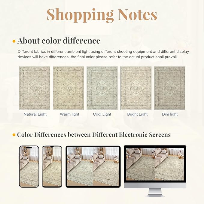 LIVEBOX Washable Area Rug 5x7 Rugs for Living Room Bedroom, Non-Slip Boho Neutral Carpet for Dining Room Office, Low-Pile Farmhouse Soft Carpets for Kids Nursery Room Playroom, Tan