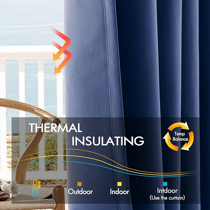 ANRODUO Back Tab Blackout Curtains for Bedroom Living Room, Rod Pocket Pinch Pleated Thermal Insulated Room Darkening Curtains 90 Inches Long 2 Panels, Navy Blue, 42 x 90 Inch