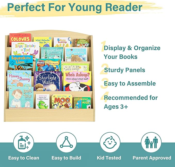 TOETOL 5-Tier Kids Bookshelf - Toddler Book Display Shelves for Classrooms, Playrooms, and Nursery - Wooden Children Book Rack (Natural)