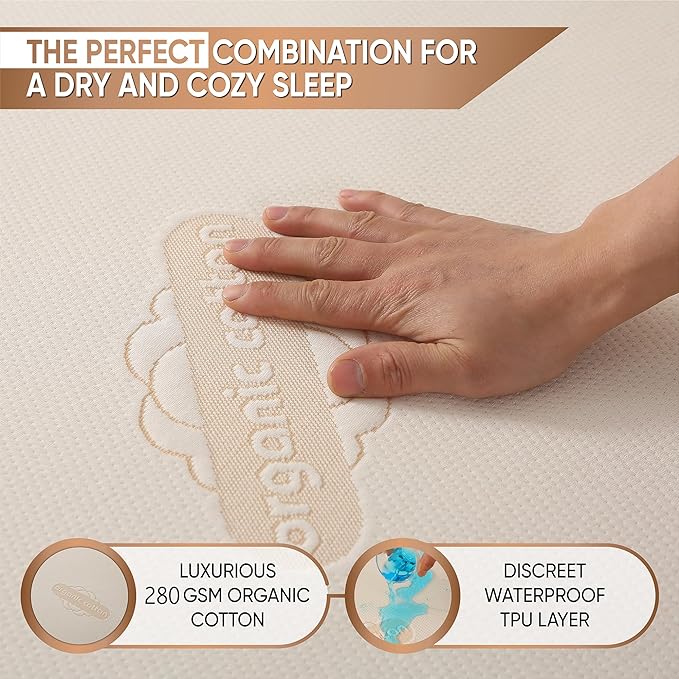 Waterproof Organic Mattress Protector Twin XL - Organic Cotton Breathable Mattress Pad Cover - 250 GSM Comfort - Deep Pocket - Fitted Comfort
