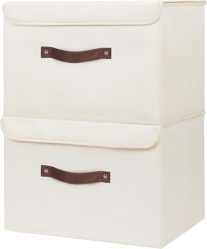 ANMINY 2PCS Storage Bins with Lid PU Leather Handles Storage Boxes PP Plastic Board Decorative Foldable Lidded Cotton Linen Fabric Home Cubes Baskets Closet Organizer Containers - Beige, Large Size