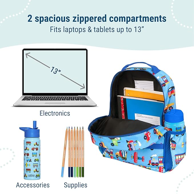 Wildkin ECO rPET 15-inch Kids Backpack – Sustainable, Padded, Adjustable – Trains, Planes & Trucks