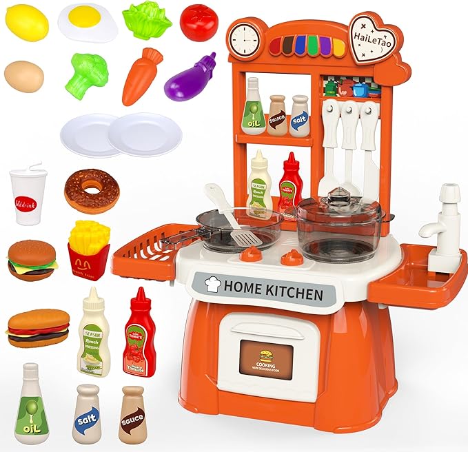 Kitchen Set for Toddler with Sound and Light，Pretend Cooking Food Set,Kids Kitchen Playset，Play Sink with Running Water and Electronic Induction Stove，Kitchen Accessories (red Kitchen and More Food)