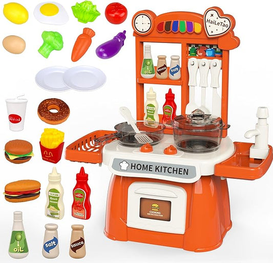 Kitchen Set for Toddler with Sound and Light，Pretend Cooking Food Set,Kids Kitchen Playset，Play Sink with Running Water and Electronic Induction Stove，Kitchen Accessories (red Kitchen and More Food)