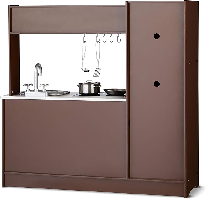 Amazon Basics Kids Upright Wooden Kitchen Toy Playset with Stove, Oven, Sink, Fridge and Accessories, for Toddlers, Preschoolers, Children Age 3+ Years, Espresso/Gray, 39x11.8x39''