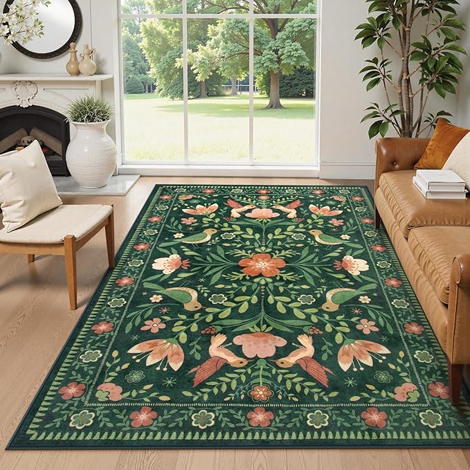Moynesa Boho Bird 6x9 Area Rugs, Washable Ultra-Thin Dark Green Rugs for Living Room, Soft, Low Pile, Indoor Boho Large Throw Carpet for Bedroom Dining Room Under Table Office Playroom