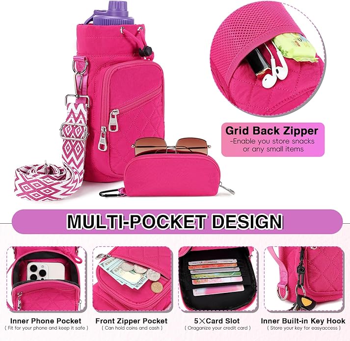 Water Bottle Carrier Bag with Strap, Water Bottle Holder Crossbody Bags for Women Men for Walking, Hiking,Cycling