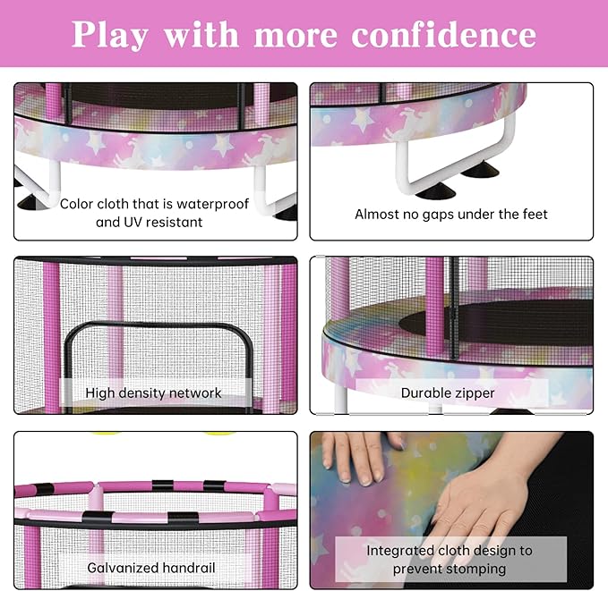 LAMERGE 55" 7-in-1 Round Trampoline for Kids Boys & Girls Ages 1-8, Indoor & Outdoor Trampoline for Fun, Adjustable Height Handrail ＆ Enclosed Safety Net ＆ Durable Designs for Toddlers Children