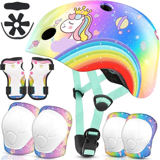 Vvinca Kids Toddlers Bike Helmet Adjustable for Ages 3-5-8 Years, Knee Pads and Elbow Pads Set Wrist Guard Sports Protective Gear Set for Roller Skate Bicycle Skateboard Scooter Girl Boy Birthday Gift