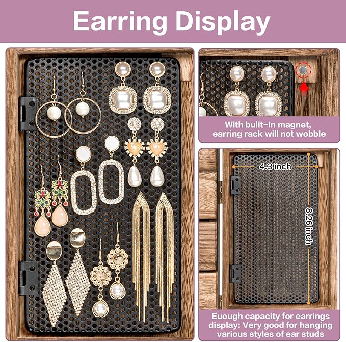 Meangood Jewelry Box Wood for Women, 5-Layer Large Organizer Box with Mirror & 4 Drawers for Rings, Earrings, Necklaces, Vintage Style, Torched Wood