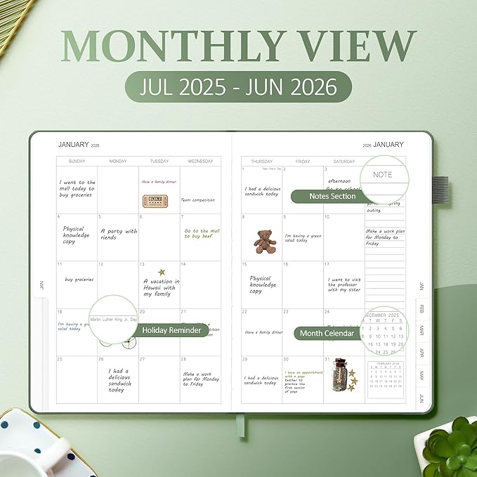 2025-2026 Planner for Women, Lather Weekly & Monthly Organizer, July 2025-June 2026, Hardcover with Gold Foil, Tabs, and Inspirational Pages - Ideal for Professionals, Green