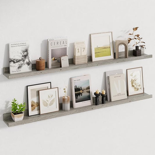 Picture Ledge Shelf, 48 Inch Long Floating Shelves for Wall, Nursery Bookshelf for Storage with Lip, Rustic Elm Wood Photo Ledge Shelves for Bedroom, Living Room, Kitchen (Grey, 48in Set of 2)