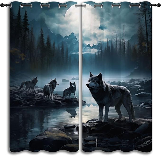 Wolf Blackout Curtains for Boys Girl Bedroom Decor,Dreamy Forest Full Moon Wolf Pack Thermal Insulated Grommet Drapes Darkening Window Curtain for Living Room Home 42x63 inch