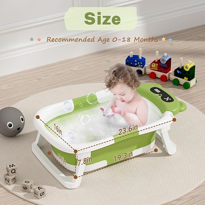 AVIDOR Baby Bathtub,Collapsible Bathtub for Newborn to Toddler,Durable Essential Infant Bath Tub,Portable Travel Baby Tub with Soft Cushion,No-Slip Hanging and Detachable(Green)