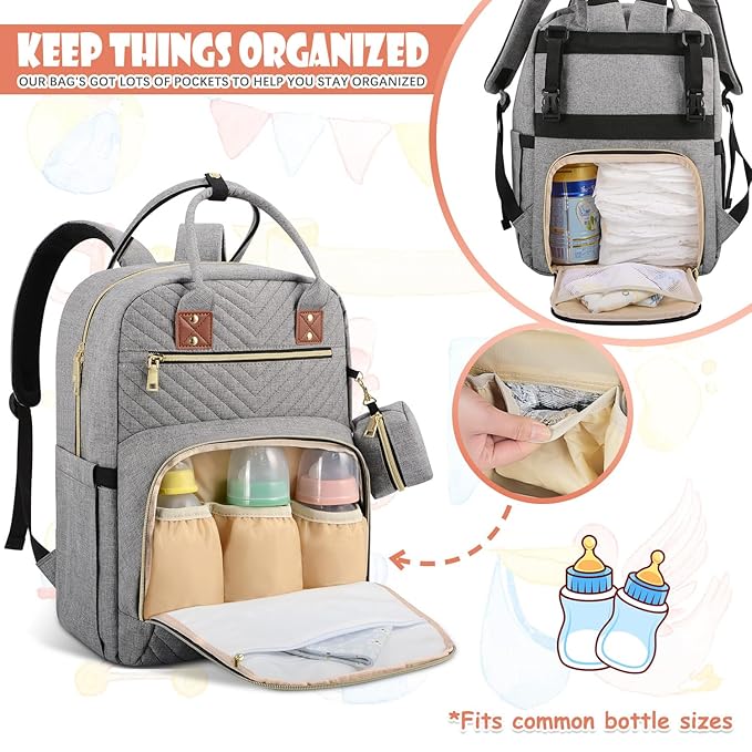 Baby Diaper Bag Backpack, Travel Diaper Bags for Baby Girl Boy Large Capacity Baby Bag Backpack for Women Grey