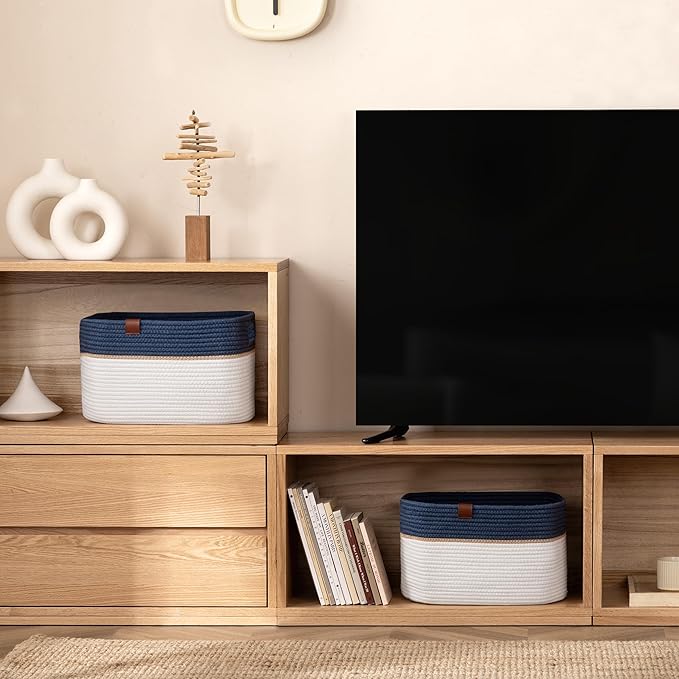 UBBCARE 4 Pack Baskets for Organizing, Woven Storage Baskets with Label for Toys and Towel, Rectangle Cotton Rope Basket with Handles, 15''L x10''W x9''H, Navy Blue&White