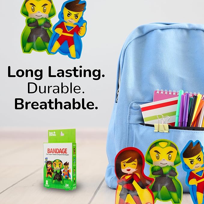 BioSwiss Bandages, Super Healers Superhero Shaped Self Adhesive Bandage, Latex Free Sterile Wound Care, Fun First Aid Kit Supplies for Kids and Adults, 24 Count