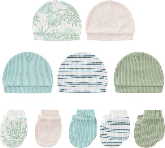Baby Hat and Mittens Set Cotton Newborn Baby Hats Caps for Boys and Girls, 0-6 Months