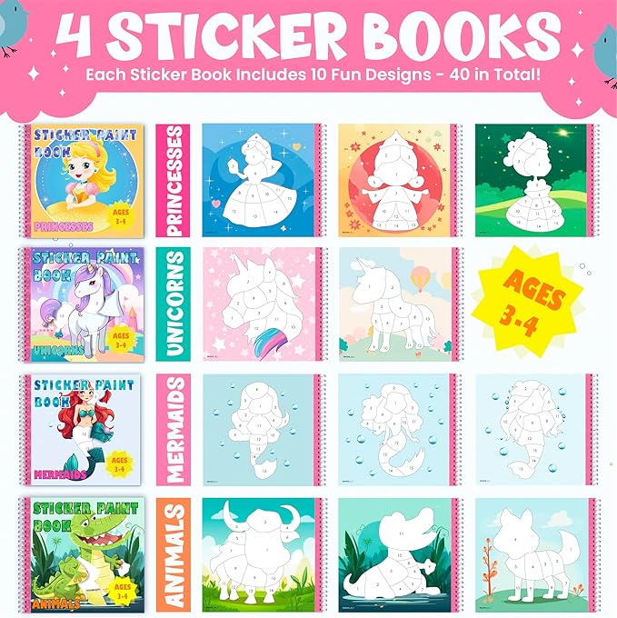 BulbaCraft 4Pcs Sticker Paint Books for Girls - Sticker Books by Number with Mermaids, Princesses, Animals and Unicorns - Coloring Activity for Kids