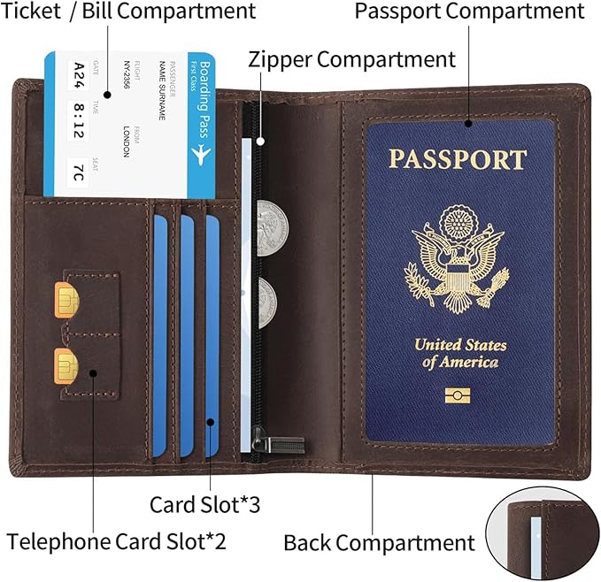 Ringsun Leather Passport Cover for Men Women, RFID Passport Wallet Case Travel Passport Holder for Family