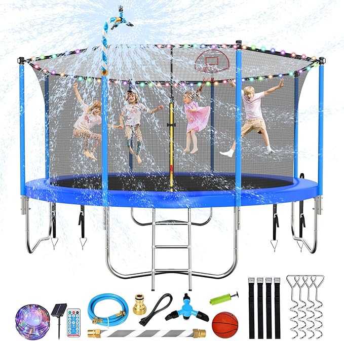 Upgraded 10/12/14/15/16FT Trampoline Outdoor, Large Kids Trampoline with Light, Stakes, Sprinkler, Backyard Trampoline with Basketball Hoop and Net, Capacity for 4-6 Kids and Adults