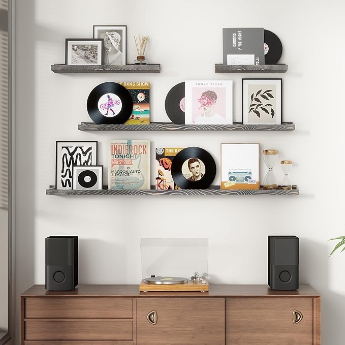 Picture Ledge Wall Shelves 16 inches Width Set of 3, Solid Pine Wood Rustic Floating Ledge Shelves for Wall for Kids' Room Bedroom Kitchen Bathroom Living Room Nursery Display Decor, Grey