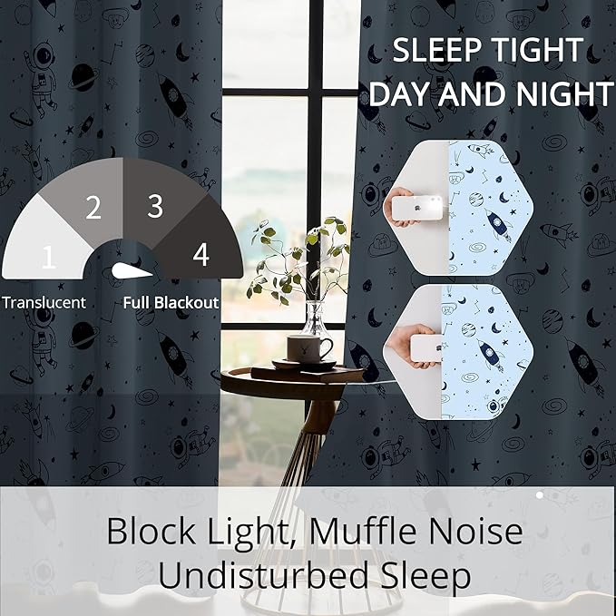 Kids Space Rocket and Astronaut Blackout Curtains - 100% Blackout, Thermal Insulated, Noise Reducing, Perfect for Kids Room and Nursery, 2 Panels (Sky-Blue Space Doodles, W52×L63)