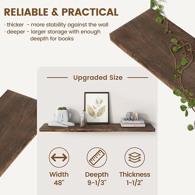 Rustic Elm Wood Floating Shelf for Wall, Live Edge 48"W x 9.2"D x 1.4"H, 1 Pack with Invisible Bracket, Large Wall Mounted Storage Shelf for Living Room Bedroom Kitchen Bathroom Decor, Walnut Finish