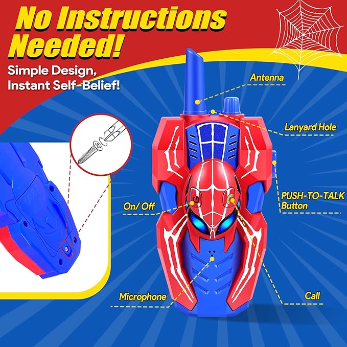 Vvinca Spider Walkie Talkies for Kids Toys Ages 3 4 5 6 7 8 9 10 Boys Girls 2 Pack Superhero Toys Lanyard Long Range Clear Sound Outdoor Game Camping Gear Spy Gadgets & Easter Christmas Birthday Gifts