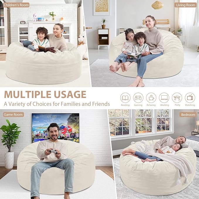 3FT Bean Bag Chair, Comfy Bean Bag Chairs with Memory Foam Filled, Fluffy Beanbag Sofa with Dutch Velvet Cover, Round BeanBag Chairs for Living Room, Playroom - Beige