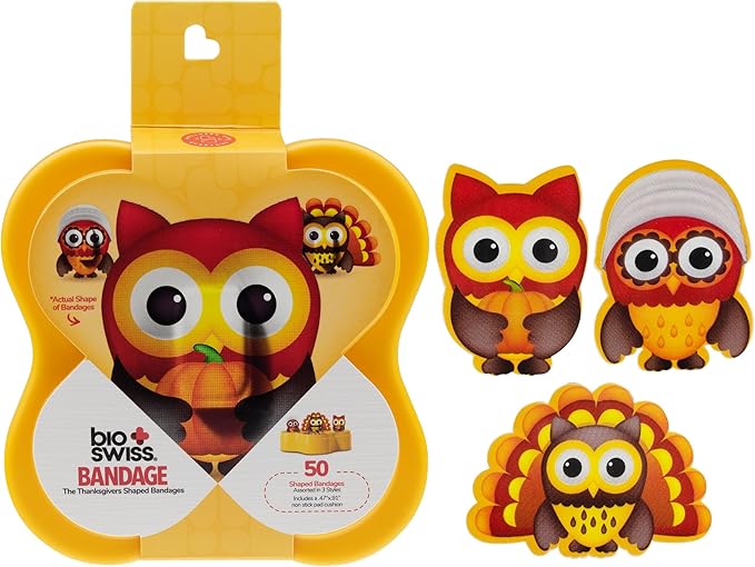 BioSwiss Bandages, Thanksgiving Shaped Self Adhesive Bandage, Latex Free Sterile Wound Care, Fun First Aid Kit Supplies for Kids and Adults, 50 Count