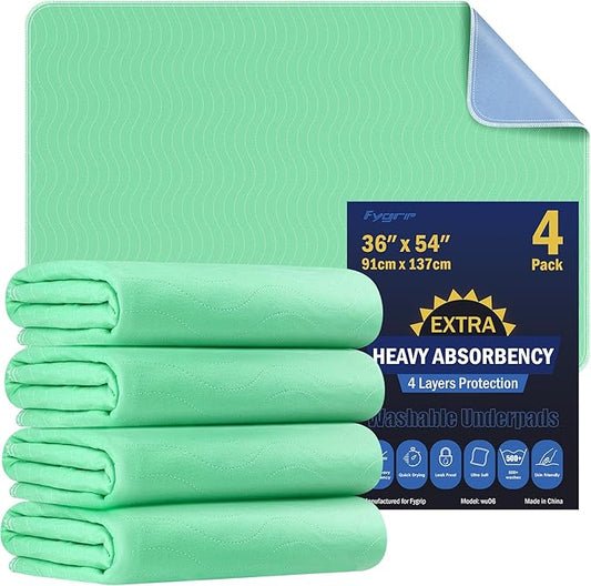 4 Pack 36” x 54” Extra Heavy Absorbency Washable Underpads, Waterproof Nursing Pads Incontinence Bed Pads, Reusable Washable Pee Pads for Dogs, Diaper Changing & Adults, Mattress Protector