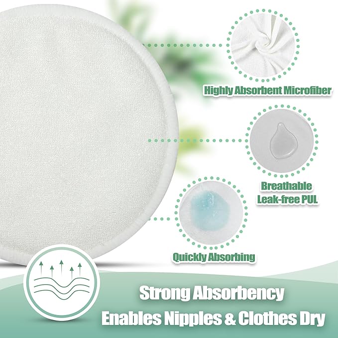 wegreeco Nursing Breast Pads (14 Pack) + Laundry Bag & Travel Storage Bag, 4.7 inch Option - Washable & Reusable Breastfeeding Nursing Pads (White, Plain Shape)