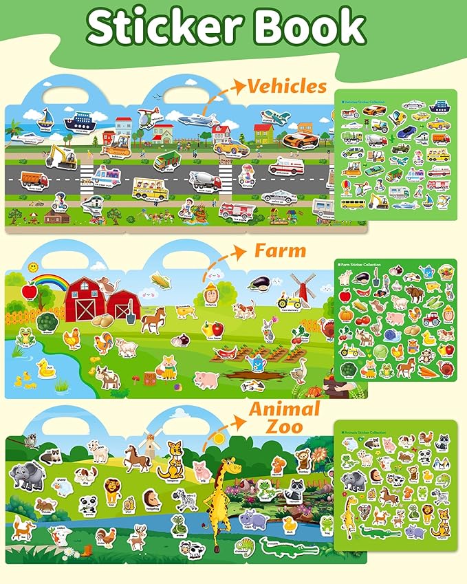Reusable Sticker Book for Toddlers 2-4 Years, Stickers for Kids, Toddler Sticker Book Ages 1-3, Toddler Craft Activities, Toddlers Travel Toys Ages 2+ Boy Girl Birthday Gifts