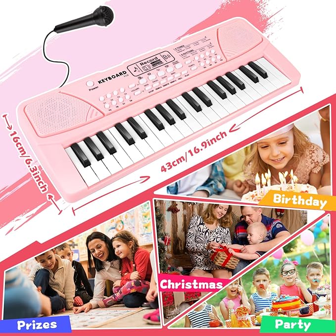 M SANMERSEN Kids Piano Keyboard with Microphone 37 Keys Portable Electronic Keyboards for Beginners Musical Toy for 3/4/5/6 Year Old Girls Boys, Pink